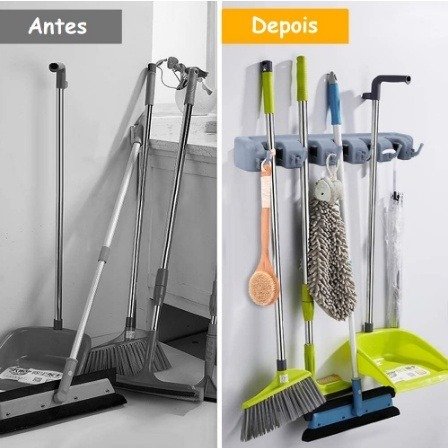 Suporte Organizador De Vassouras 5 Lugares 6 Ganchos Porta Rodo e Chaves Posições Envio Imediato