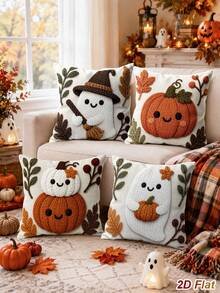 4 capas de almofada de Halloween, 45*45 cm, padrão de abóbora e fantasma, decoração Happy Halloween, decoração para festa de Halloween, decoração Trick Or Treat, decoração de casa de Halloween, sala de estar, quarto, presente de Halloween