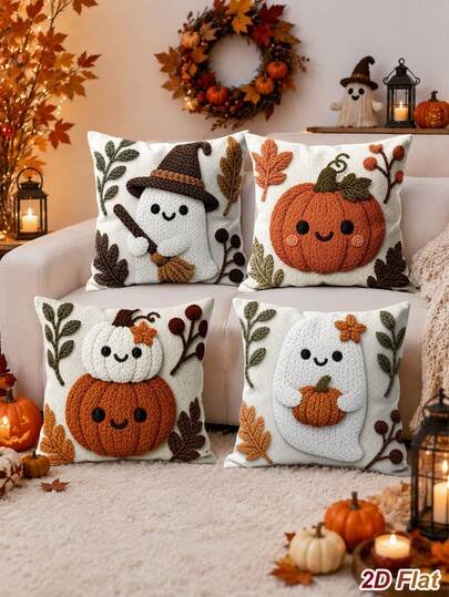 4 capas de almofada de Halloween, 45*45 cm, padrão de abóbora e fantasma, decoração Happy Halloween, decoração para festa de Halloween, decoração Trick Or Treat, decoração de casa de Halloween, sala de estar, quarto, presente de Halloween